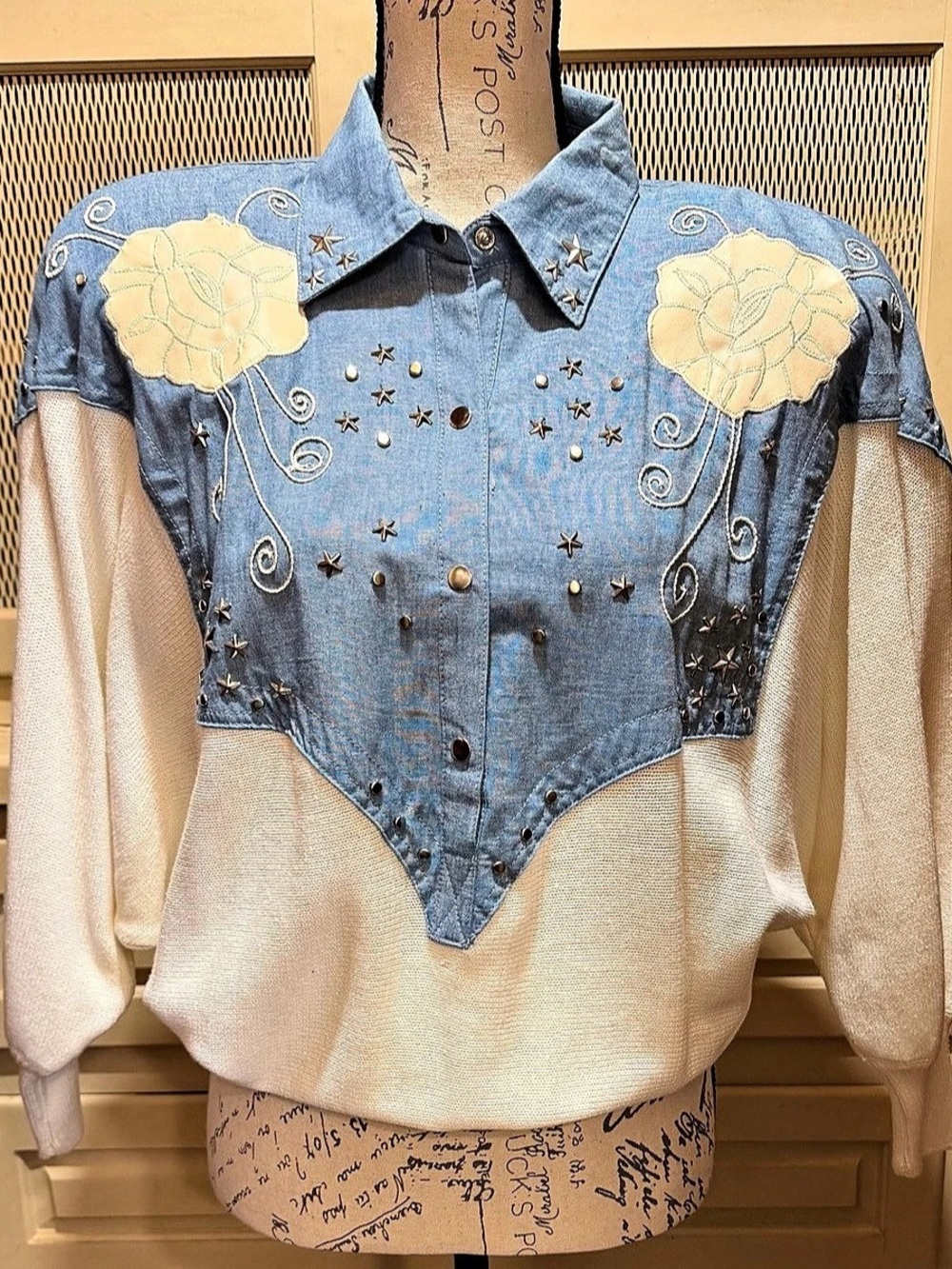 VTG 80s I.B. Diffusion Western Denim Yoke Embellished Dolman Top